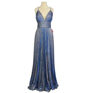 Mac Duggal Metallic Blue Pleated Plunge Neck Open Crisscross Back Gown Sz 10 NEW